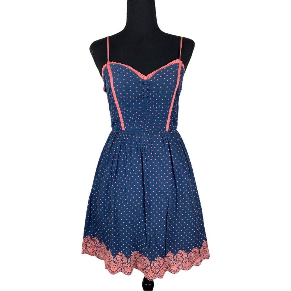 Guess Blue Pink Polka Dot Pinup Retro Button Dress 1